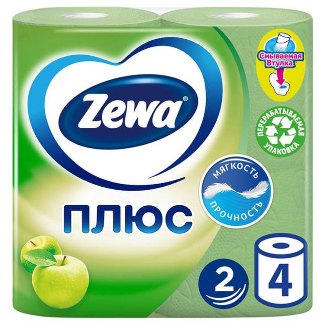 Туалетная бумага 2-х/двухслойная "Zewa" Плюс с запахом (4 рул.упак), Яблоко Арт 144004