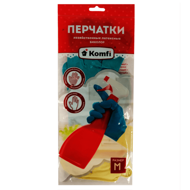 Перчатки латексные хозяйственные Биколор бежевый+бирюзовый Komfi, M (bicolo6)