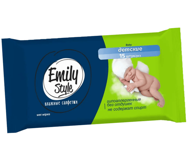 Салфетка влажная 15 шт. "Emily Style" детские, Гипоаллергенные, без отдушек