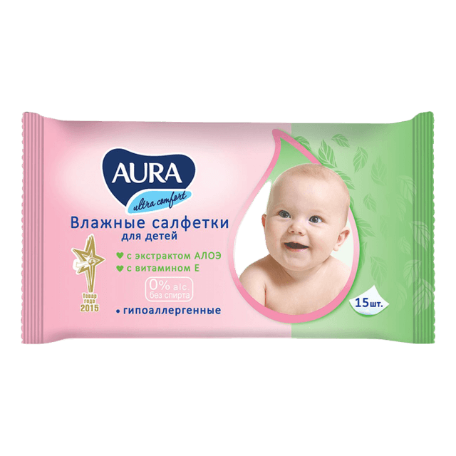 Салфетка влажная 15 шт. "AURA" для детей (15 салф.упак)