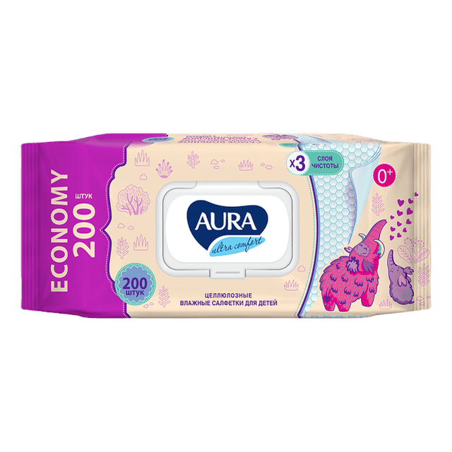 Салфетка влажная 200 шт. "AURA" ультра комфорт с КЛАПАНОМ для всей семьи (200 салф.шт)