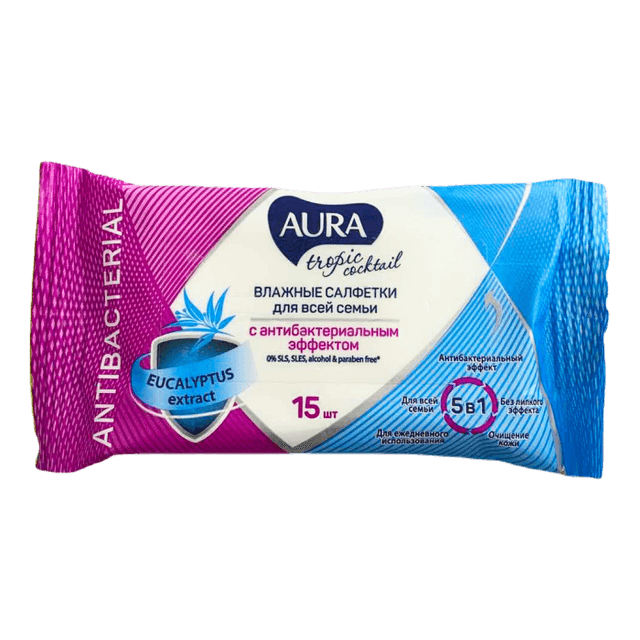 Салфетка влажная 15 шт. "AURA" ТРОПИК COCKTAIL антибактер pocket-pack (15 салф.шт)
