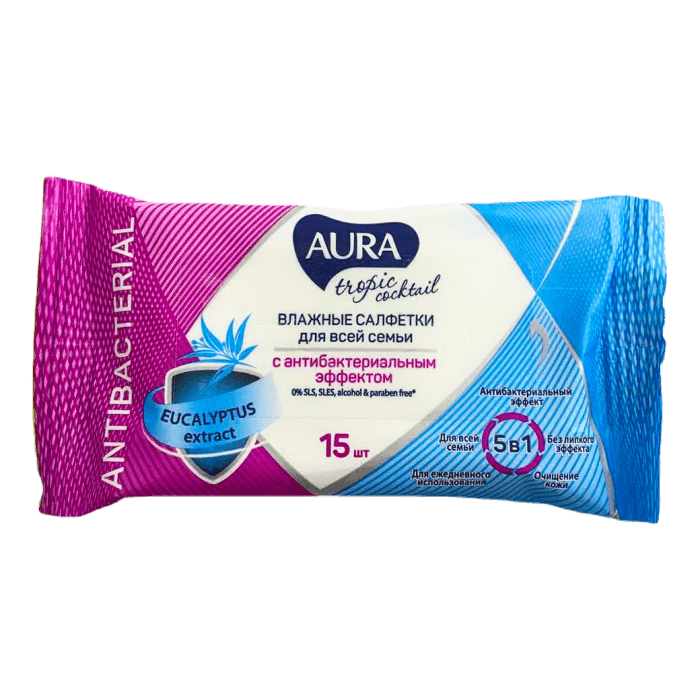 Салфетка влажная 15 шт. "AURA" ТРОПИК COCKTAIL антибактер pocket-pack (15 салф.шт)